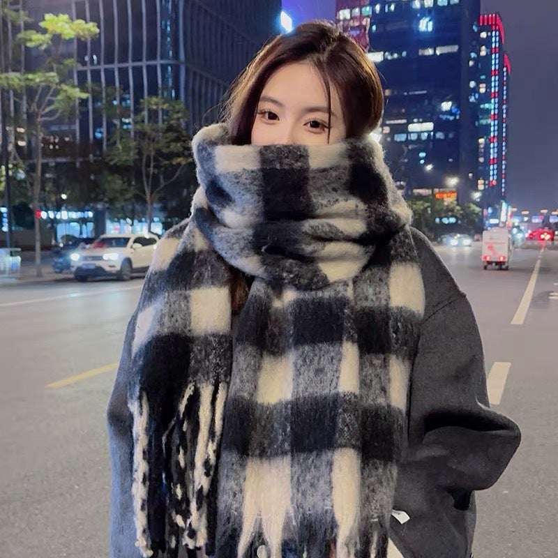 Scarf Winter Women'S High-End Sense Style Mauhair Black And White Plaid Korean-Style Couple Warm Thickened Scarf For Men - Image 3