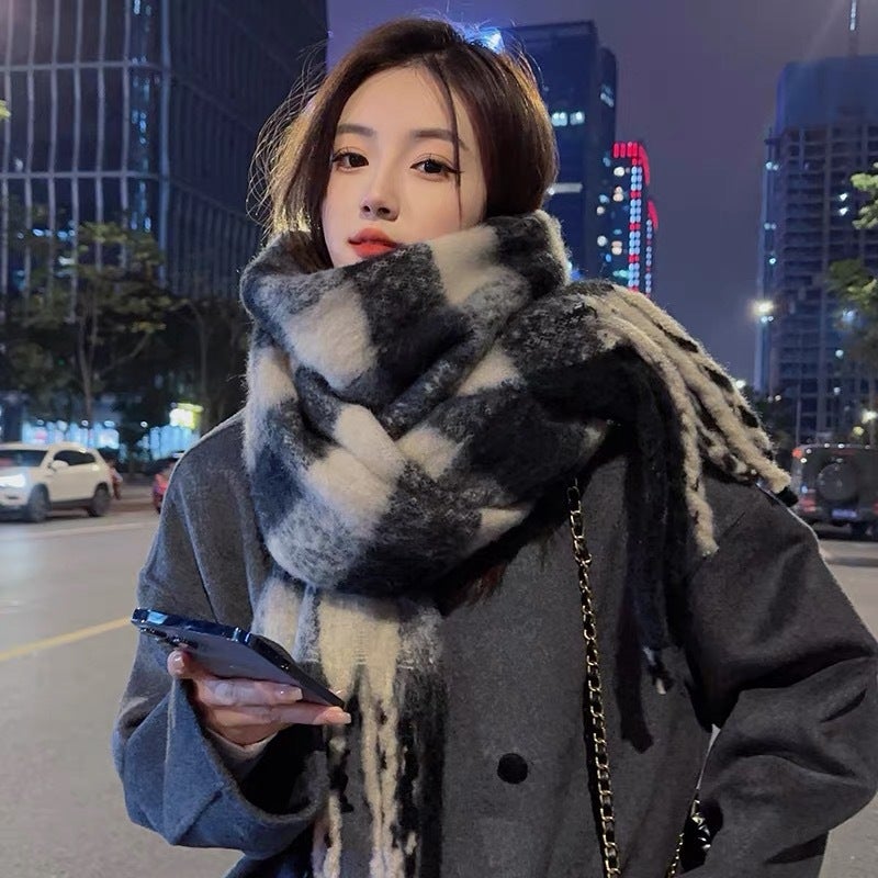 Scarf Winter Women'S High-End Sense Style Mauhair Black And White Plaid Korean-Style Couple Warm Thickened Scarf For Men - Image 5