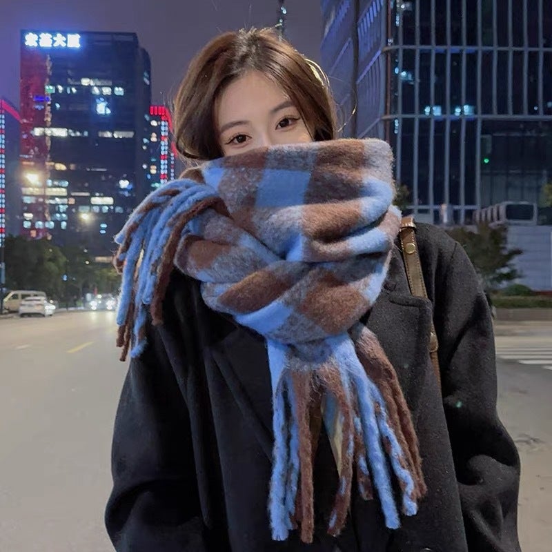 Scarf Winter Women'S High-End Sense Style Mauhair Black And White Plaid Korean-Style Couple Warm Thickened Scarf For Men - Image 4
