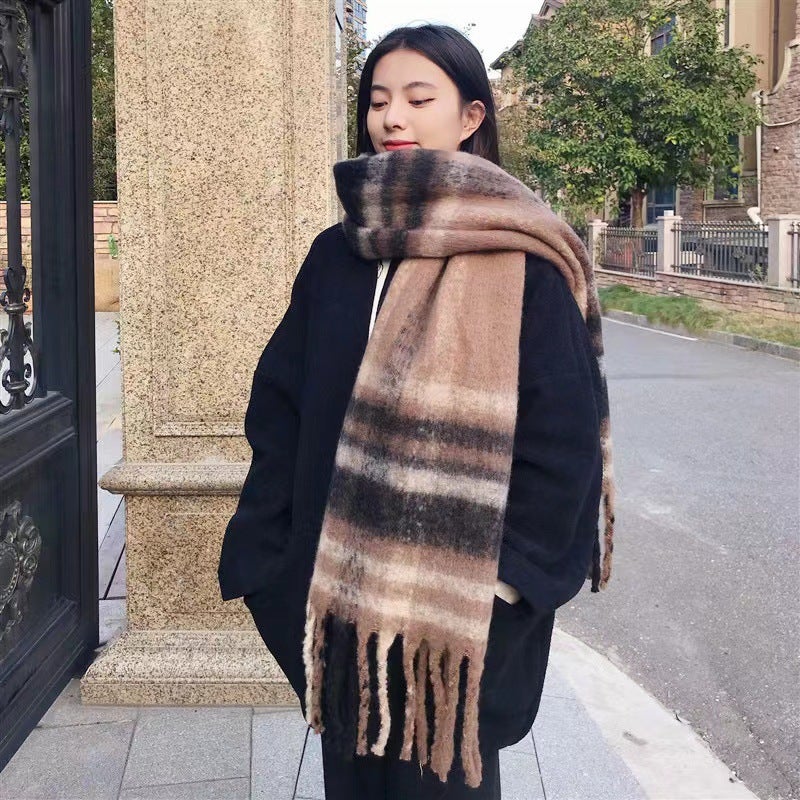 Scarf Winter Women'S High-End Sense Style Mauhair Black And White Plaid Korean-Style Couple Warm Thickened Scarf For Men - Image 1