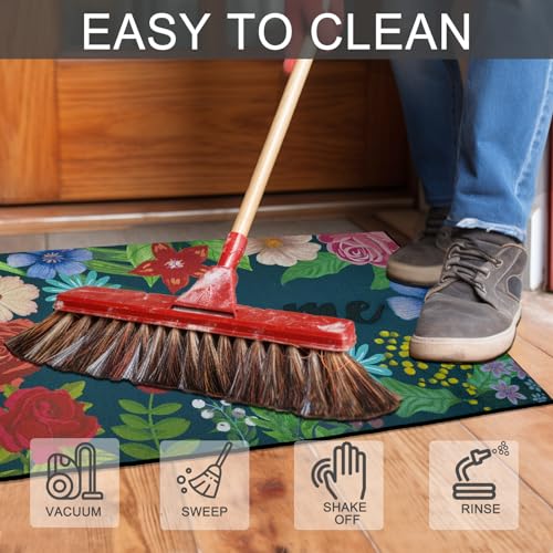 CHICHIC Welcome Door Mat 17x 30 Inch Front Door Mat Outdoors for Home Entrance Outdoors Mat for Outside Entry Way Doormat Entry Rugs, Heavy Duty Non Slip Rubber Back Low Profile, Colorful Flower - Image 5