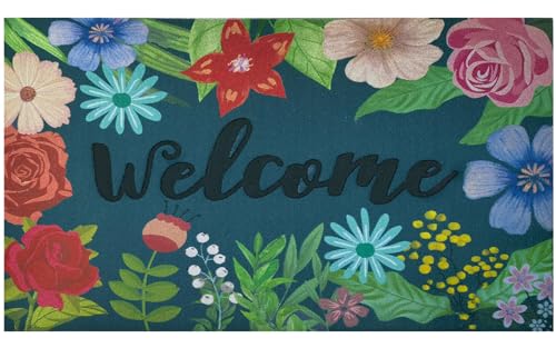 CHICHIC Welcome Door Mat 17x 30 Inch Front Door Mat Outdoors for Home Entrance Outdoors Mat for Outside Entry Way Doormat Entry Rugs, Heavy Duty Non Slip Rubber Back Low Profile, Colorful Flower - Image 1