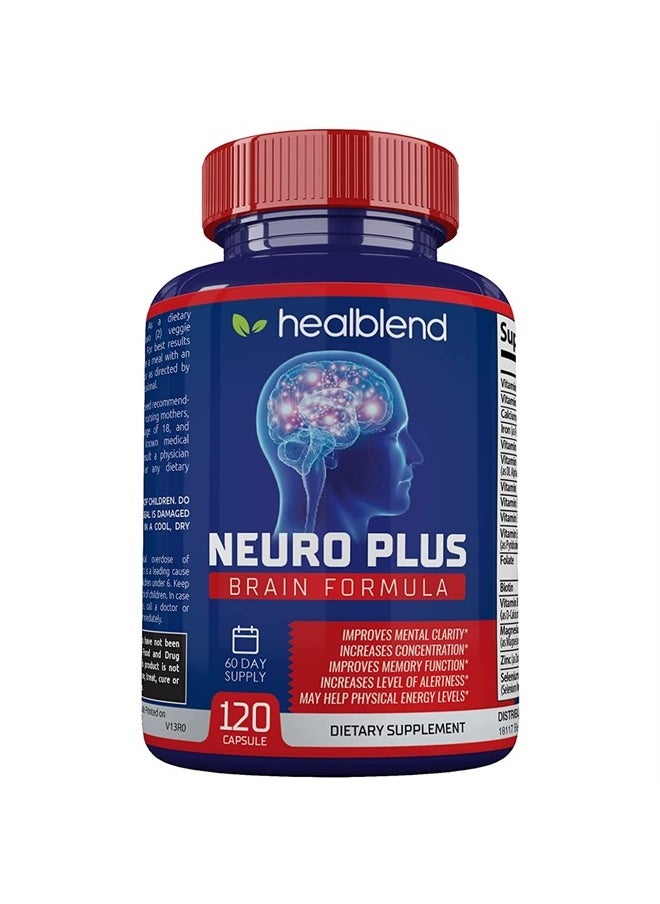 healblend - Neuro Plus Brain & Focus Formula - Nootropic Brain Booster Supplement, Supports Brain Health, Mental Clarity & Focus - Enhances Concentration & Mental Energy – 120 Capsules - Image 1