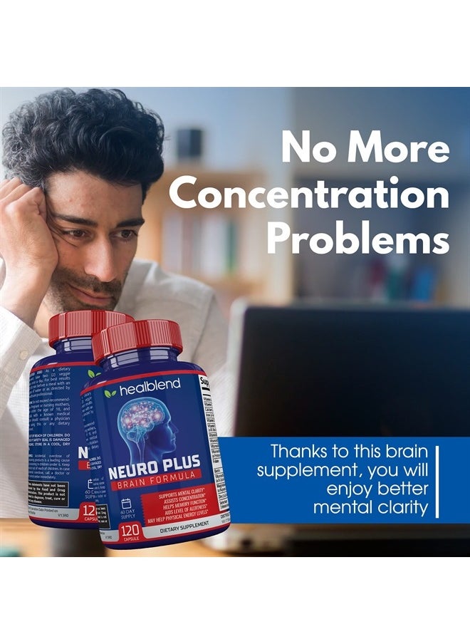 healblend - Neuro Plus Brain & Focus Formula - Nootropic Brain Booster Supplement, Supports Brain Health, Mental Clarity & Focus - Enhances Concentration & Mental Energy – 120 Capsules - Image 1