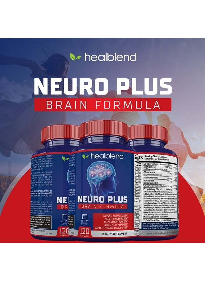 healblend - Neuro Plus Brain & Focus Formula - Nootropic Brain Booster Supplement, Supports Brain Health, Mental Clarity & Focus - Enhances Concentration & Mental Energy – 120 Capsules - Image 1
