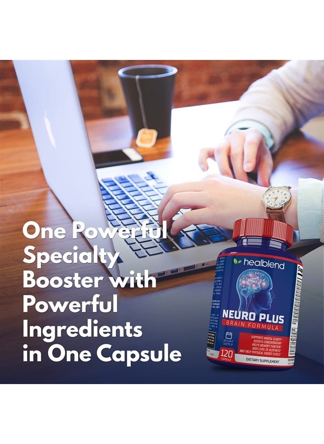 healblend - Neuro Plus Brain & Focus Formula - Nootropic Brain Booster Supplement, Supports Brain Health, Mental Clarity & Focus - Enhances Concentration & Mental Energy – 120 Capsules - Image 1