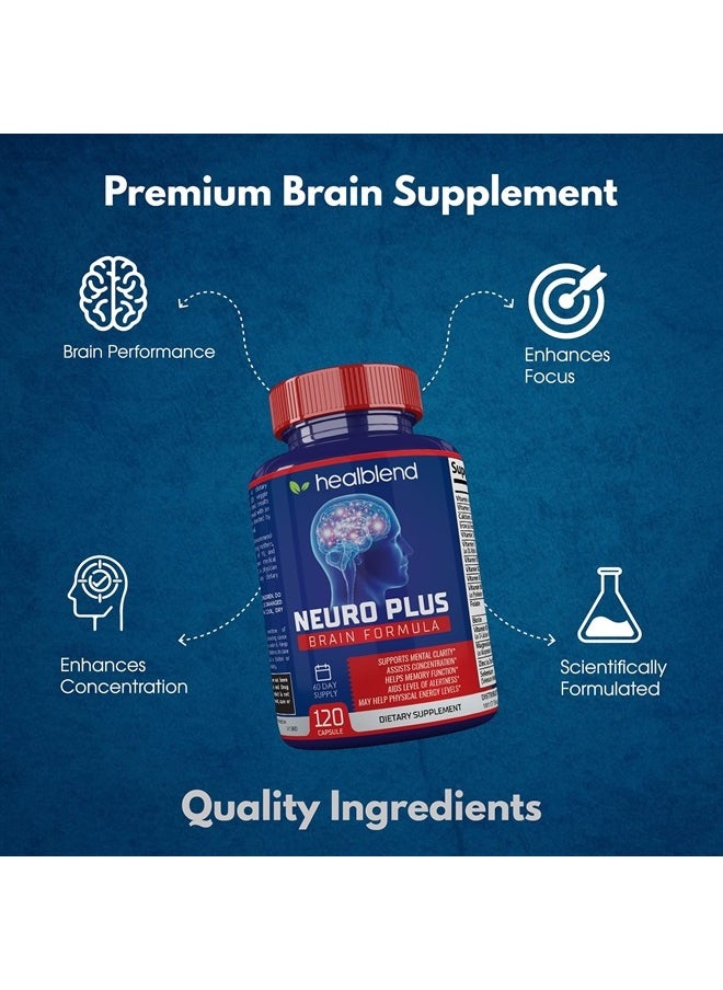 healblend - Neuro Plus Brain & Focus Formula - Nootropic Brain Booster Supplement, Supports Brain Health, Mental Clarity & Focus - Enhances Concentration & Mental Energy – 120 Capsules - Image 1