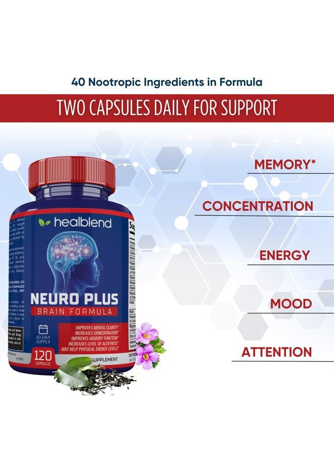 healblend Neuro Plus Brain & Focus Formula - Brain Booster Supplement, Supports Mental Clarity & Focus - Enhances Concentration & Mental Energy – 120 Capsules - Image 2