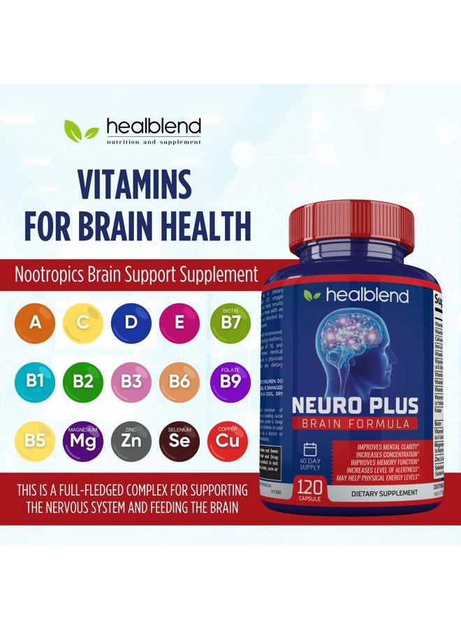 healblend Neuro Plus Brain & Focus Formula - Brain Booster Supplement, Supports Mental Clarity & Focus - Enhances Concentration & Mental Energy – 120 Capsules - Image 4