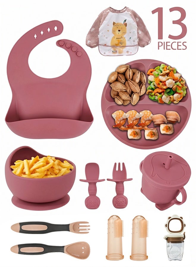 Silicone Baby Feeding Set 13PCS, BPA-Free Toddler Self Feeding Essentials with Strong Suction Plate & Bib, Training Straw Cup for Baby Led Weaning - Image 1