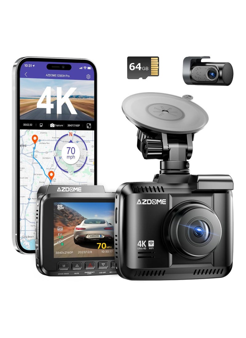 AZDOME - AZDOME WiFi 4K Dash Cam Front and Rear, 4K+1080P Dual Dash Camera for Car, Free 64GB Card, Motion Detection 24H Parking Mode Dashboard Camera Built-in GPS WDR Night Vision, GS63H Pro - Image 1