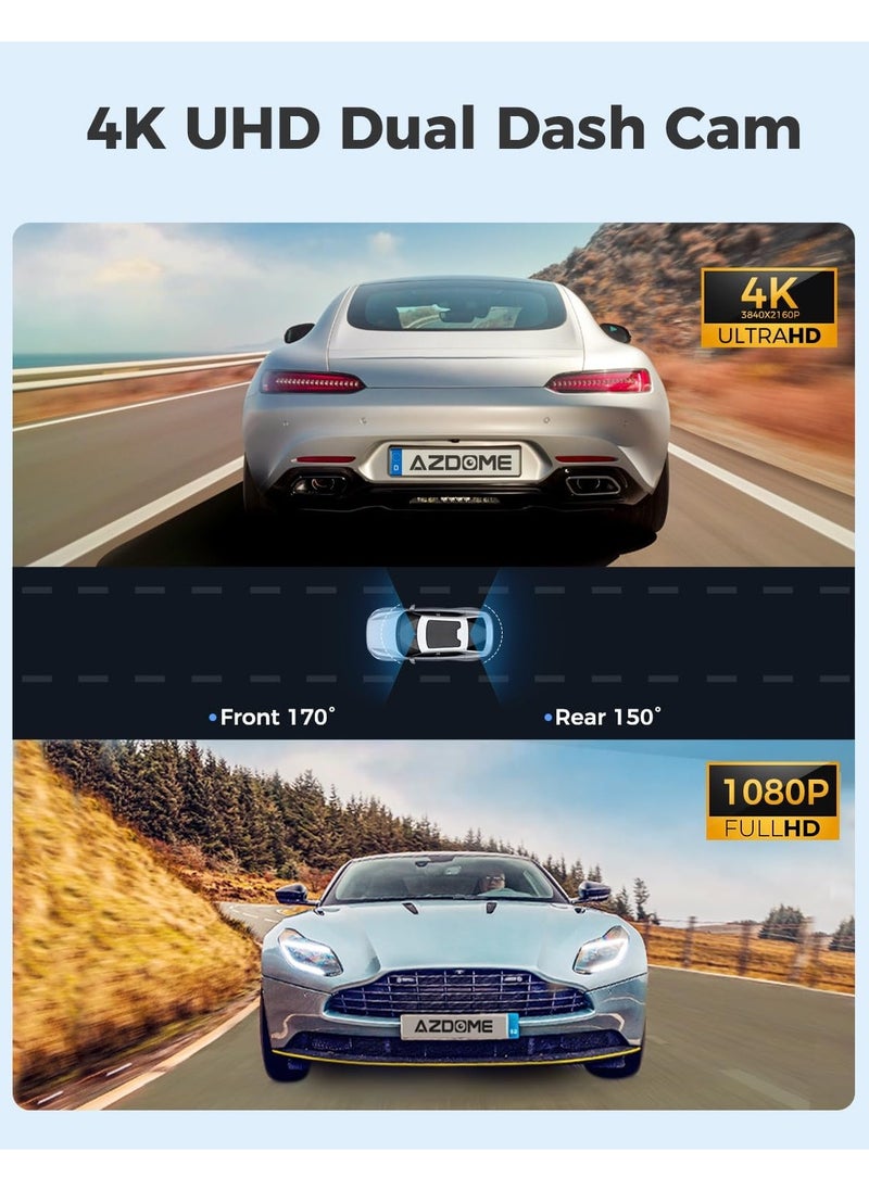 AZDOME - AZDOME WiFi 4K Dash Cam Front and Rear, 4K+1080P Dual Dash Camera for Car, Free 64GB Card, Motion Detection 24H Parking Mode Dashboard Camera Built-in GPS WDR Night Vision, GS63H Pro - Image 1