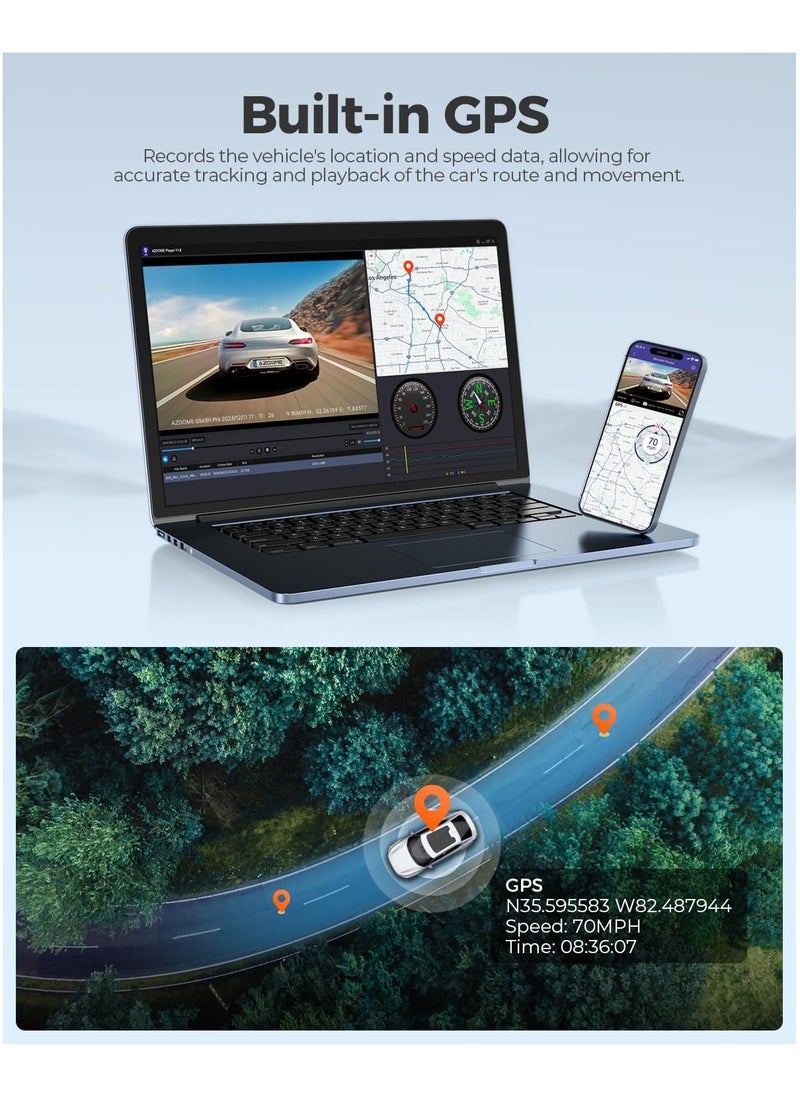 AZDOME - AZDOME WiFi 4K Dash Cam Front and Rear, 4K+1080P Dual Dash Camera for Car, Free 64GB Card, Motion Detection 24H Parking Mode Dashboard Camera Built-in GPS WDR Night Vision, GS63H Pro - Image 1