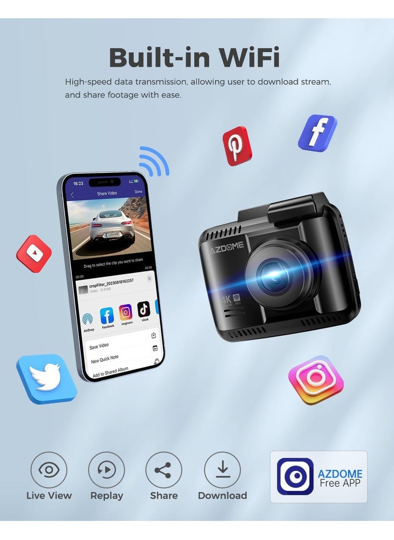 AZDOME - AZDOME WiFi 4K Dash Cam Front and Rear, 4K+1080P Dual Dash Camera for Car, Free 64GB Card, Motion Detection 24H Parking Mode Dashboard Camera Built-in GPS WDR Night Vision, GS63H Pro - Image 1