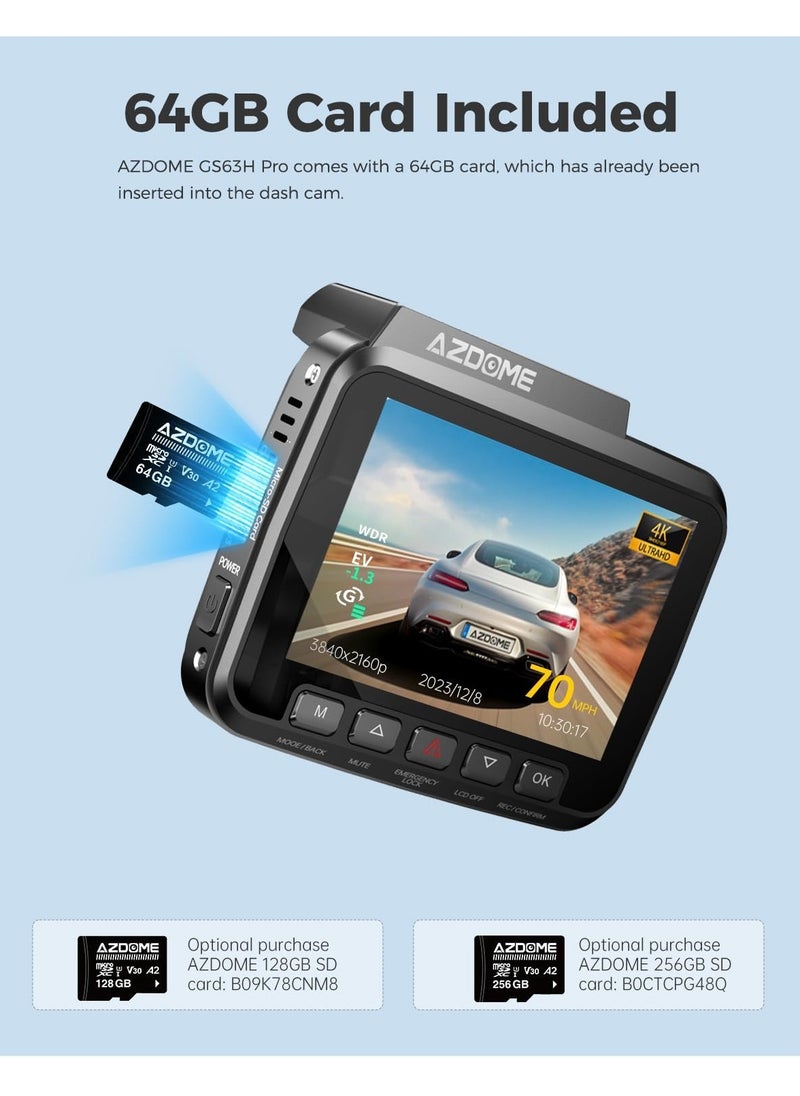 AZDOME - AZDOME WiFi 4K Dash Cam Front and Rear, 4K+1080P Dual Dash Camera for Car, Free 64GB Card, Motion Detection 24H Parking Mode Dashboard Camera Built-in GPS WDR Night Vision, GS63H Pro - Image 1