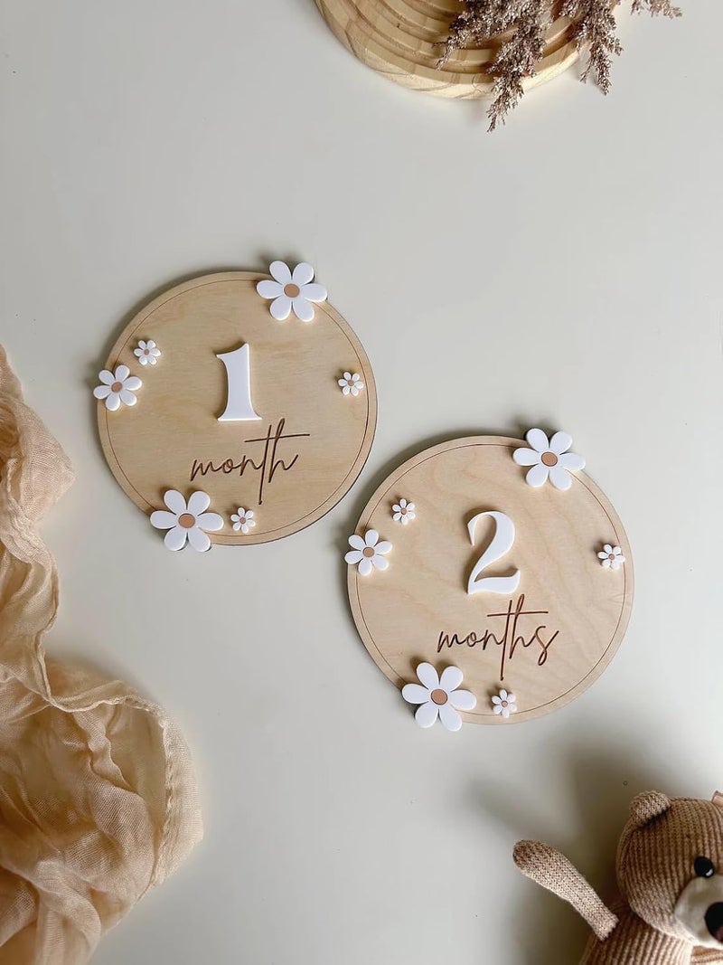 Curious Button Month Daisy Wooden Baby Milestone, Boho Baby Milestone, Milestone Props for Babies Photo, Monthly Baby Milestone Marker, Baby Growth. - Image 1