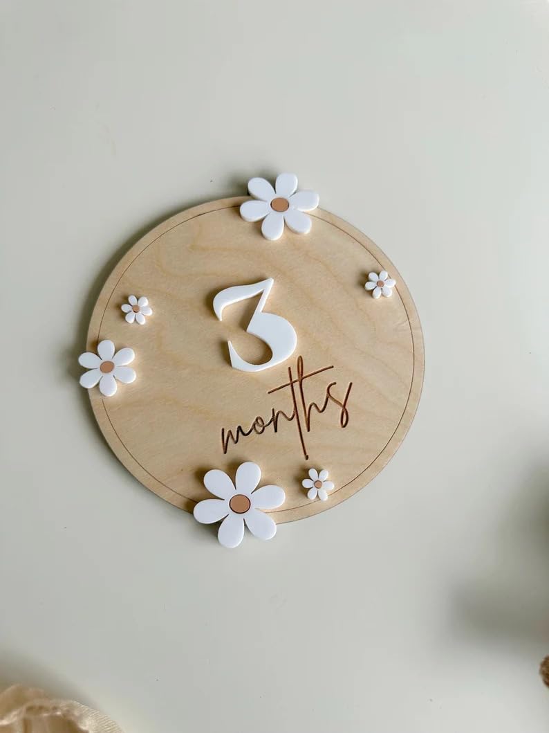 Curious Button Month Daisy Wooden Baby Milestone, Boho Baby Milestone, Milestone Props for Babies Photo, Monthly Baby Milestone Marker, Baby Growth. - Image 2