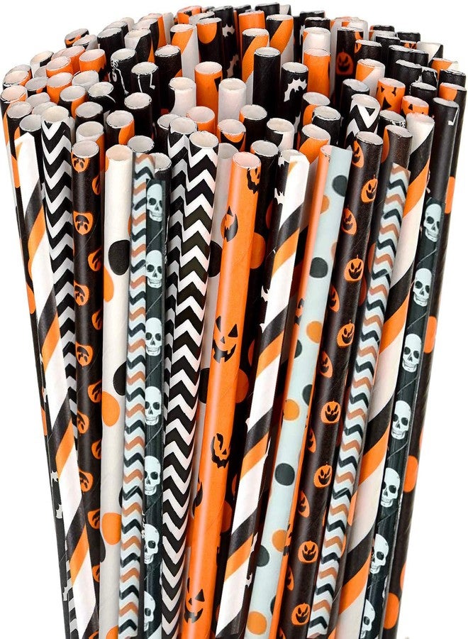 Shuiniba Halloween Biodegradable Pumpkin Skull Striped Wavy Dot Straws, 7.75 Inches, 100 Pack - Mix Style - Image 2
