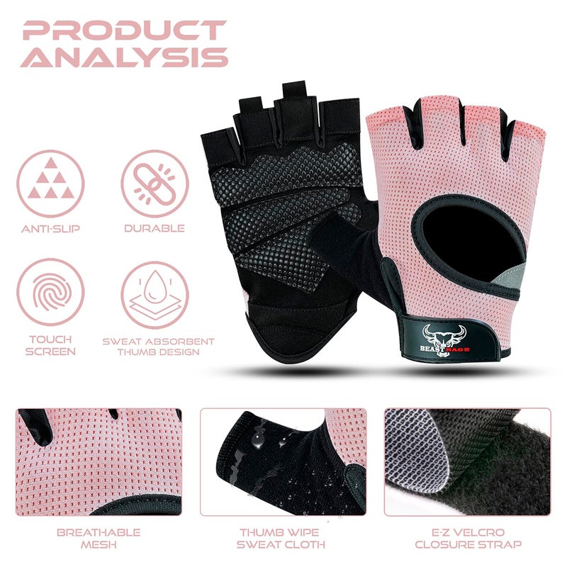 BEAST RAGE Workout Gloves for Men and Women, Fingerless Weight Lifting Gloves with Palm Protection Padding, Breathable and Lightweight Gym Gloves for Weightlifting, Cycling Pull Up (Pink, S) - Image 2