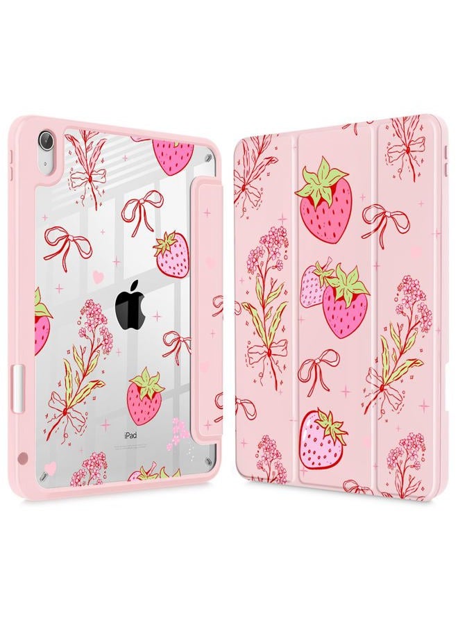 May Chen for iPad (A16) 11th Generation Case 11 Inch 2025, iPad 10th Gen Case 2022 10.9 inch, Built-in Pencil Holder with Shockproof Cover Clear Transparent Back Shell Auto Wake/Sleep, Strawberry Bow - Image 1