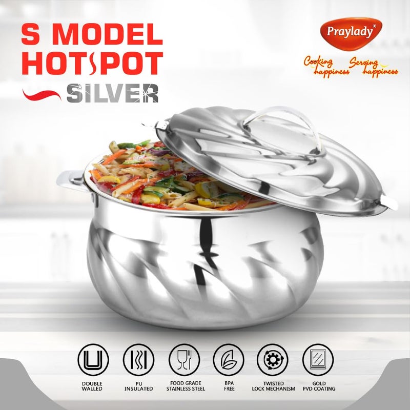 Praylady Stainless Steel SModel Hotpot r Insulated Casserole with Steel Lid Capacity 3500 MLSilver - Image 3