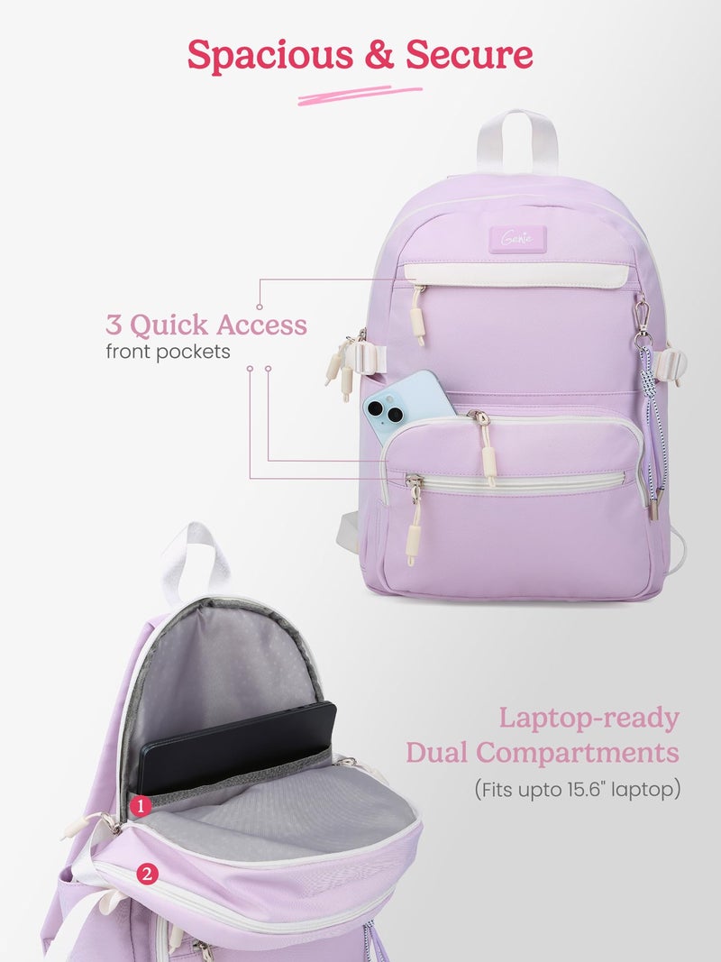 Genie Berry Casual Backpack For Girls |17 Inch-27 Litres With 2 Compartment with Laptop, Multiple Pockets And Trolley Sleeve |Best For Laptop, Makeup, Cables & College/Work Must-Haves - Lavender - Image 4