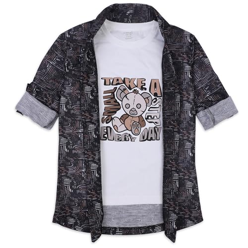 CAVIO Boys Full Sleeves Printed Shawl Collar Shrug and T-Shirt Black - Image 1