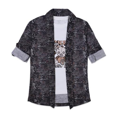 CAVIO Boys Full Sleeves Printed Shawl Collar Shrug and T-Shirt Black - Image 3