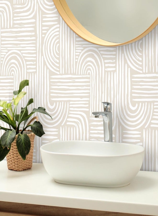 FunStick Geometric Peel and Stick Wallpaper Beige and White Mid Century Modern Abstract Wall Paper for Bathroom Waterproof Minimalist Lines Geometric Contact Paper for Cabinets Drawers Walls 17.5x118 - Image 2