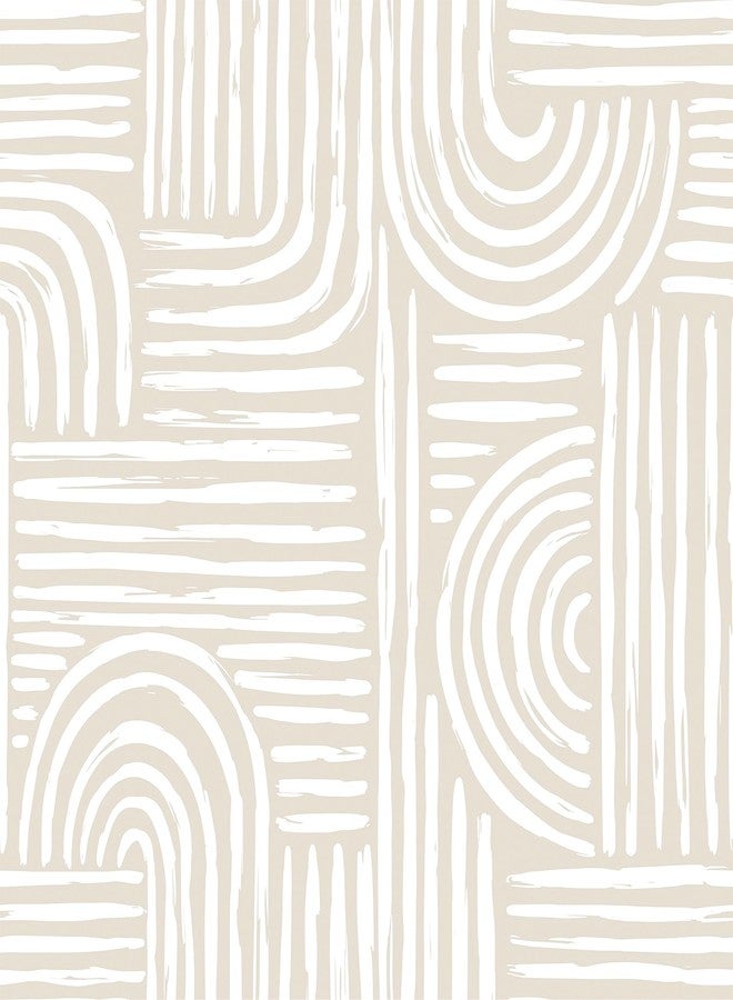 FunStick Geometric Peel and Stick Wallpaper Beige and White Mid Century Modern Abstract Wall Paper for Bathroom Waterproof Minimalist Lines Geometric Contact Paper for Cabinets Drawers Walls 17.5x118 - Image 1