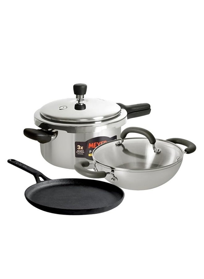 Meyer Ultimate Cooking Combo – 5.5 L Presta Tri‑Ply Stainless‑Steel Pressure Cooker + 22 cm Trivantage Tri‑Ply Kadai/Wok with Lid with cast Iron tawa - Image 1