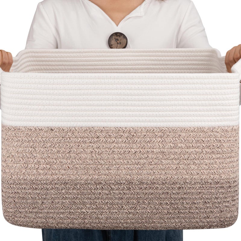 OIAHOMY Cotton Rope Basket, Rectangle Woven Baskets for Storage, Nursery Blanket Storage Living Room, Toy Basket With Handle-17.7â€x13.8â€x11â€-Gradient Yellow - Image 1
