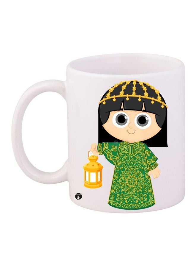 RYN Cartoon Girl Printed Coffee Mug White/Green/Gold 11ounce