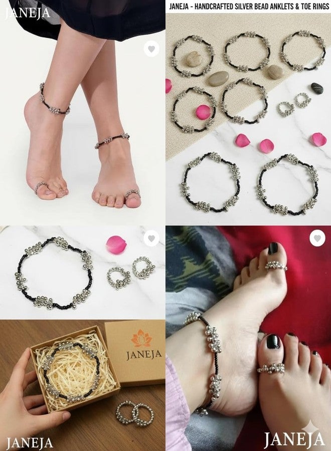 JANEJA Oxidise Metal Toe Ring Anklet Combo Set Silver Beaded 1 Pair Anklets + 1 Pair Toe Rings Traditional Foot Jewellery for Women Girls - Image 5