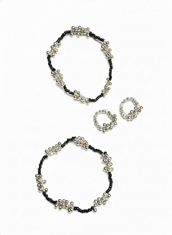 JANEJA Oxidise Metal Toe Ring Anklet Combo Set Silver Beaded 1 Pair Anklets + 1 Pair Toe Rings Traditional Foot Jewellery for Women Girls - Image 3
