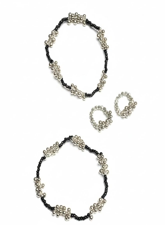 JANEJA Oxidise Metal Toe Ring Anklet Combo Set Silver Beaded 1 Pair Anklets + 1 Pair Toe Rings Traditional Foot Jewellery for Women Girls - Image 1