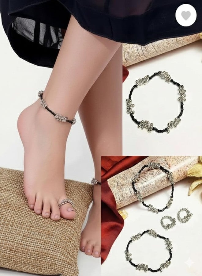 JANEJA Oxidise Metal Toe Ring Anklet Combo Set Silver Beaded 1 Pair Anklets + 1 Pair Toe Rings Traditional Foot Jewellery for Women Girls - Image 2