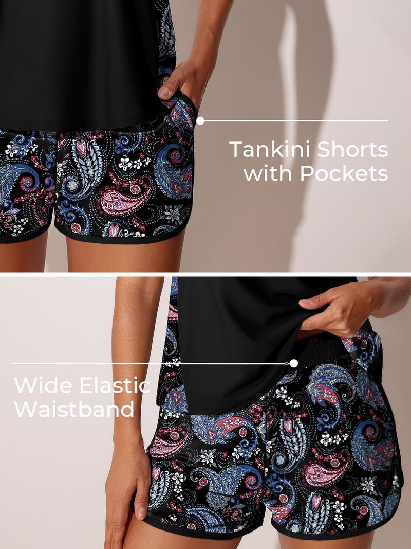 Summer Mae Blouson Tankini Swimsuits for Women 2026 Tummy Control Two Piece Bathing Suits with Sporty Pockets Swim Shorts Black Paisley Size 6 - Image 4