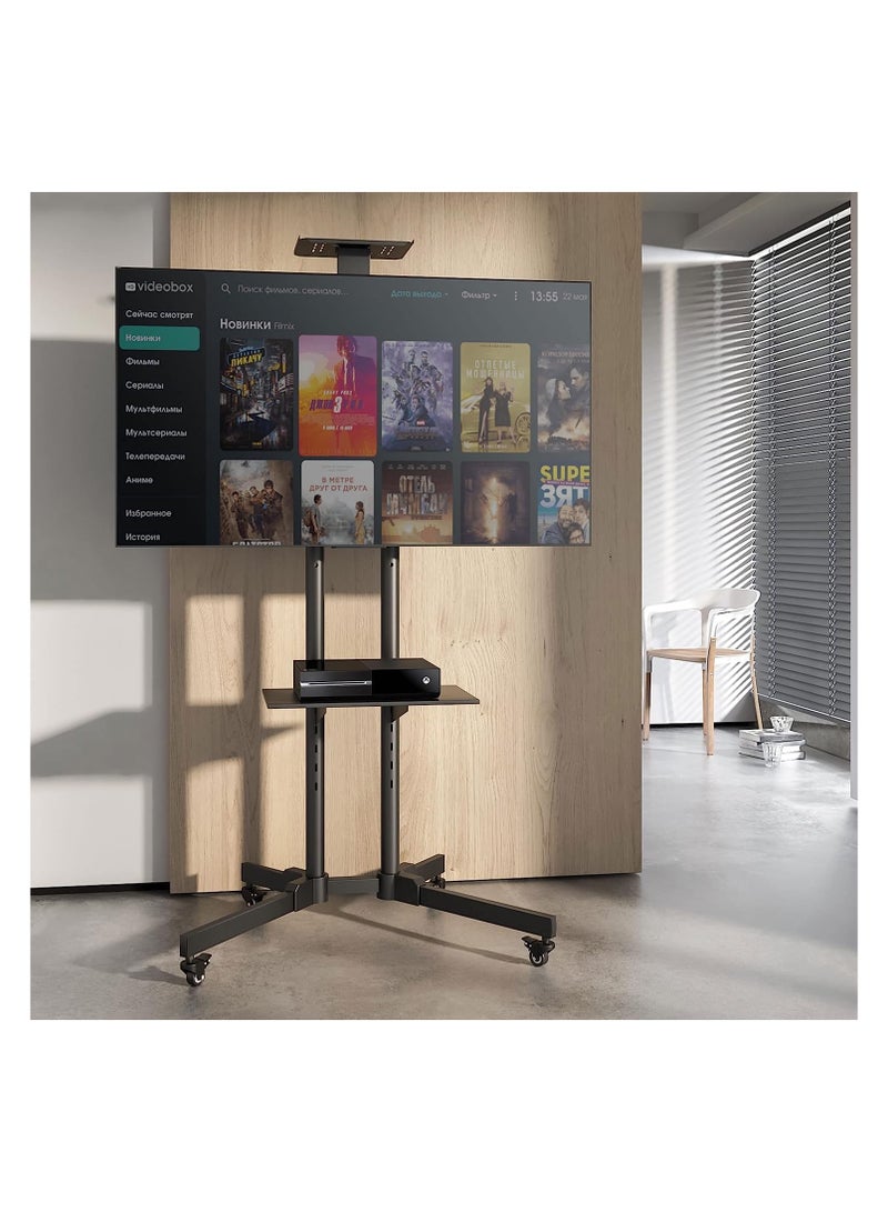 نيوستار NEWSTAR Mobile TV Cart Stand with Wheels for 32–70 Inch Flat & Curved TVs, Height Adjustable Rolling TV Trolley with Equipment Shelf & Camera Shelf, Holds up to 50kg, Max VESA 600x400mm, Black - Image 2