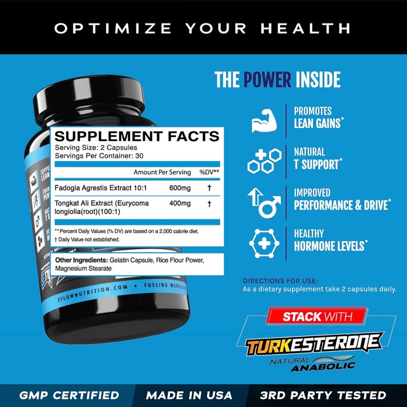 eFlow Nutrition Fadogia Agrestis  Tongkat Ali  2in1 Natural Performance Supplement for Health and Wellness  Hormone Energy  Mood Support  Extract Powder 60 Capsules - Image 4