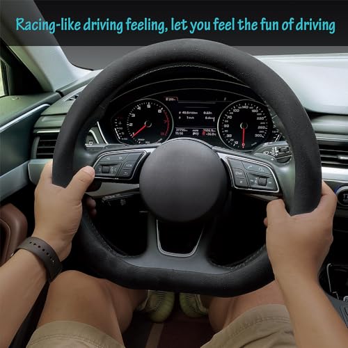 Carodi Suede Steering Wheel Cover ， Non-Slip Leather Car Interior Fitting 15-inch Universal（D-Shape,Black） - Image 2