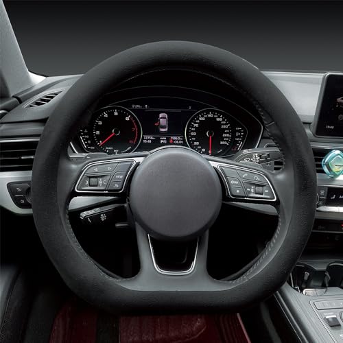 Carodi Suede Steering Wheel Cover ， Non-Slip Leather Car Interior Fitting 15-inch Universal（D-Shape,Black） - Image 1