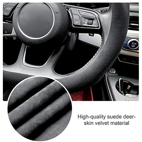 Carodi Suede Steering Wheel Cover ， Non-Slip Leather Car Interior Fitting 15-inch Universal（D-Shape,Black） - Image 5