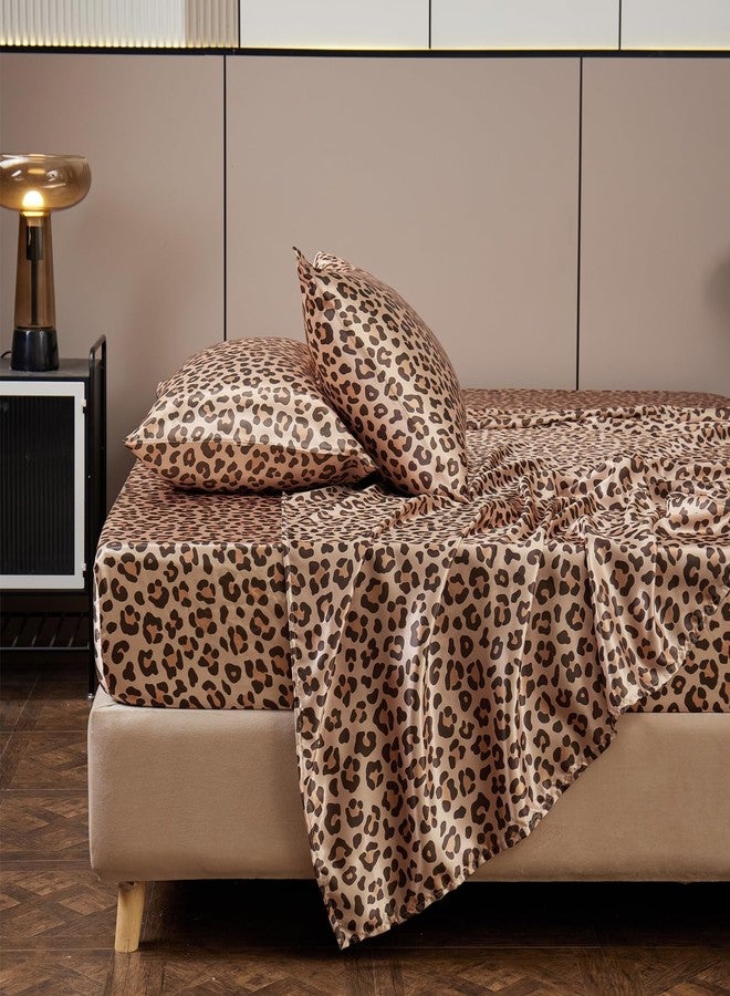 AiMay 4 Piece Queen Size Satin Bed Sheet Set Deep Pocket Golden Leopard Pattern Luxury Silky Super Soft 1 Flat Sheet 1 Fitted Sheet 2 Envelope Pillowcases Wrinkle Free (Golden Leopard, Queen) - Image 4