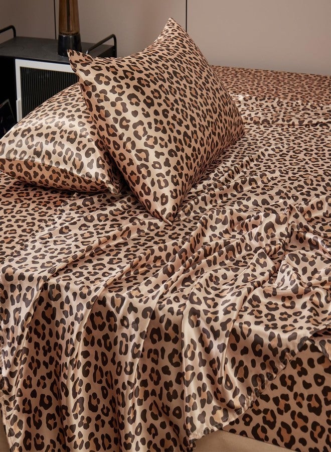 AiMay 4 Piece Queen Size Satin Bed Sheet Set Deep Pocket Golden Leopard Pattern Luxury Silky Super Soft 1 Flat Sheet 1 Fitted Sheet 2 Envelope Pillowcases Wrinkle Free (Golden Leopard, Queen) - Image 5