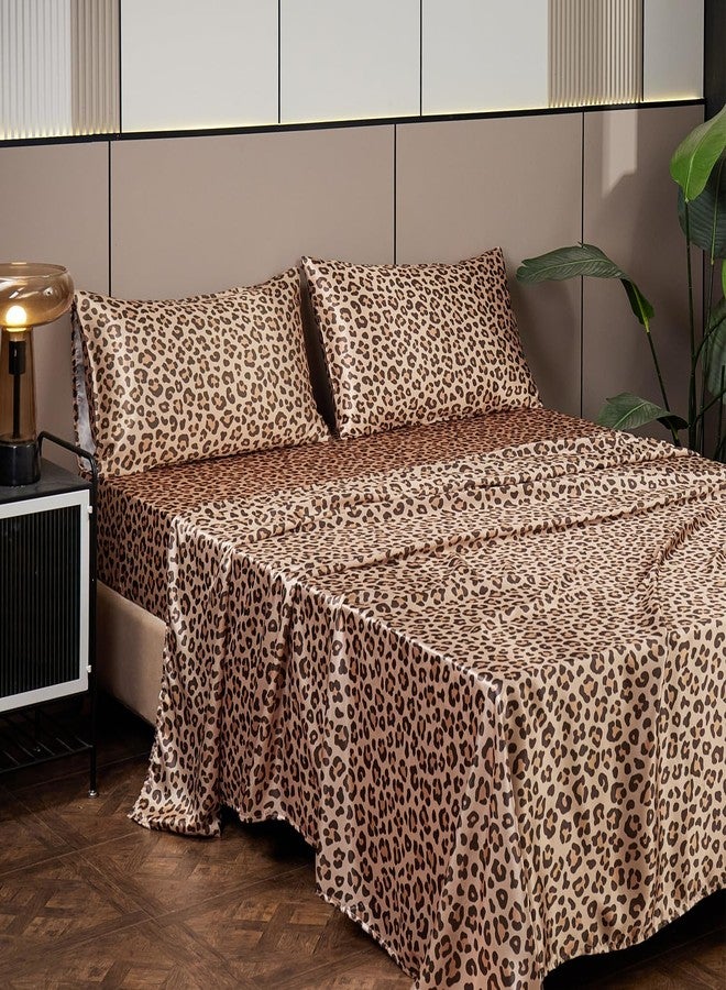 AiMay 4 Piece Queen Size Satin Bed Sheet Set Deep Pocket Golden Leopard Pattern Luxury Silky Super Soft 1 Flat Sheet 1 Fitted Sheet 2 Envelope Pillowcases Wrinkle Free (Golden Leopard, Queen) - Image 3