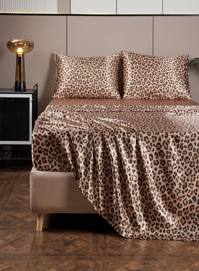 AiMay 4 Piece Queen Size Satin Bed Sheet Set Deep Pocket Golden Leopard Pattern Luxury Silky Super Soft 1 Flat Sheet 1 Fitted Sheet 2 Envelope Pillowcases Wrinkle Free (Golden Leopard, Queen) - Image 2