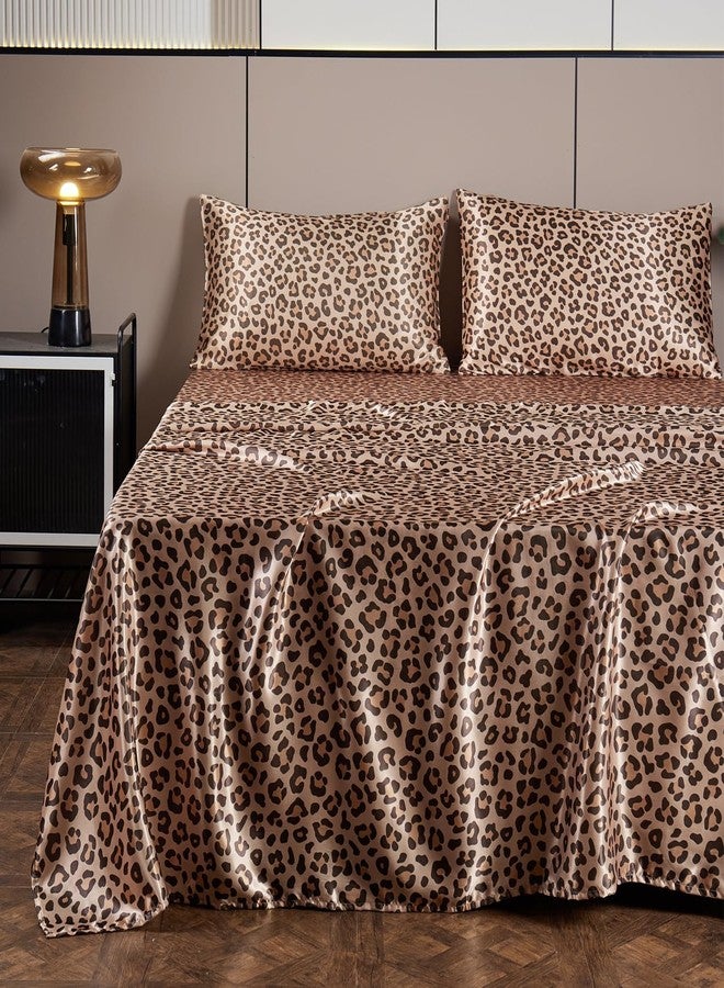 AiMay 4 Piece Queen Size Satin Bed Sheet Set Deep Pocket Golden Leopard Pattern Luxury Silky Super Soft 1 Flat Sheet 1 Fitted Sheet 2 Envelope Pillowcases Wrinkle Free (Golden Leopard, Queen) - Image 1