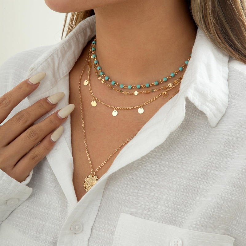 HTH Gold Stacked Necklaces for Women Bohemian Layered Turquoise Charm Chain Choker Necklaces Country Concert Necklaces Jewelry (Gold) - Image 4