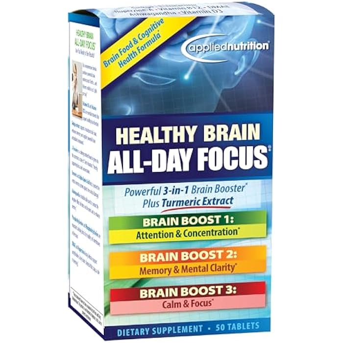 Applied Nutrition Healthy Brain All-Day Focus - 50 Tablets - Powerful 3-in-1 Brain Booster with Turmeric Extract - 25 Servings - Image 1